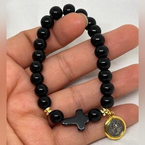 Saint Benedict Black Beaded Bracelet with Gold Accents